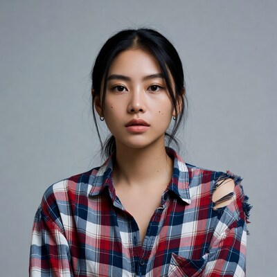 Asian woman in plaid shirt