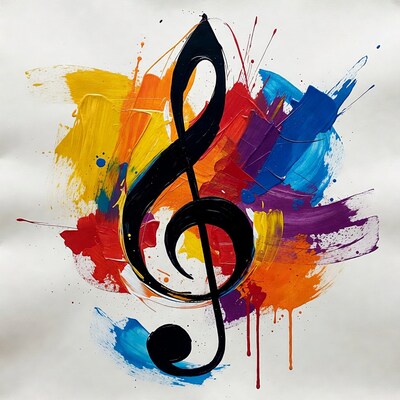 Black Treble Clef with Colorful Splashes