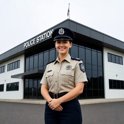 Female police officer in front of station