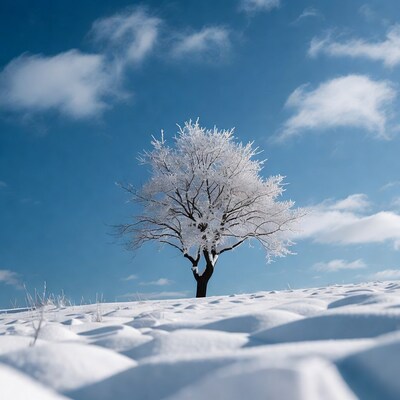 Frost-covered tree in snowy field