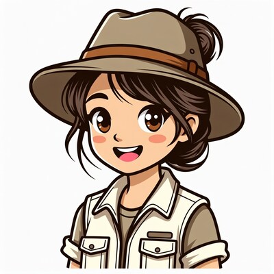 Cartoon girl in safari hat and vest