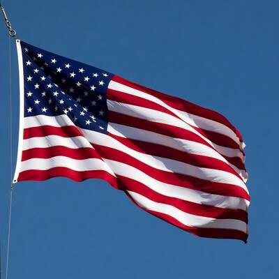 American flag waving against blue sky