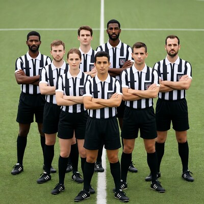 Referee team posing on soccer field