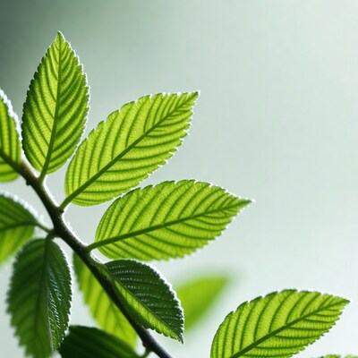 Fresh green serrated leaves on branch
