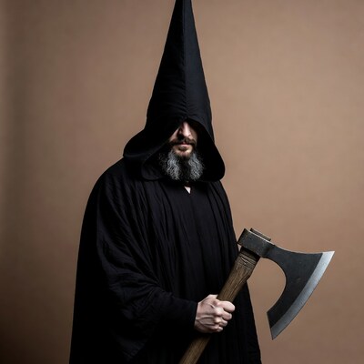 Man in black hood holding axe