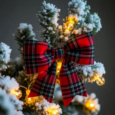 Red Plaid Bow on Snowy Christmas Branch