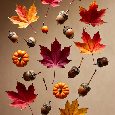 Falling autumn leaves acorns pumpkins