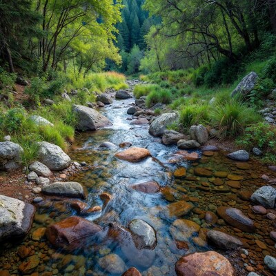 Forest Stream with Rocks and Greenery
