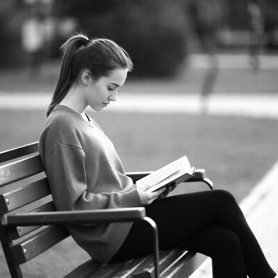 Girl reading book on park bench