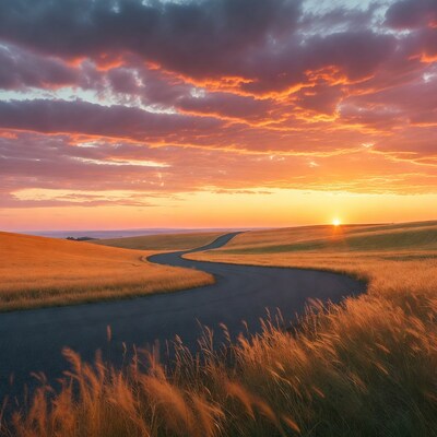 Curvy road through golden fields at sunset