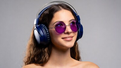 Woman wearing blue headphones purple sunglasses