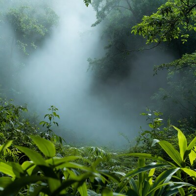 Misty Jungle Forest with Lush Greenery