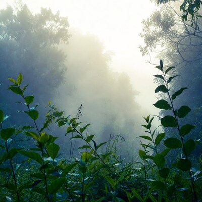 Misty Forest with Green Leaves