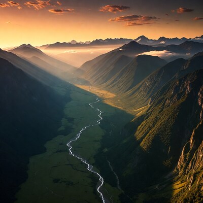 Sunset over mountain valley with river