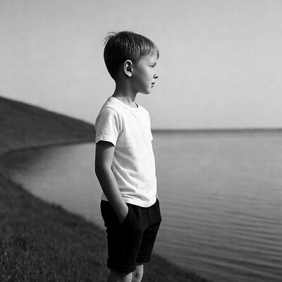 Boy standing by lake shore