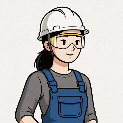 Asian woman in hardhat and overalls