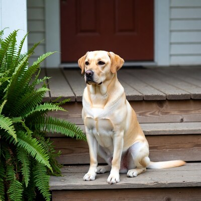 Yellow Labrador sitting on porch steps