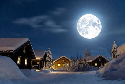 Snowy cabins under full moon