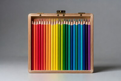 Colorful crayons in wooden box