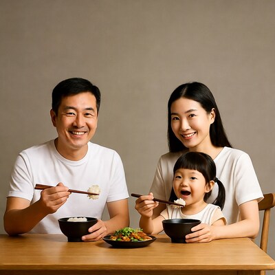 Asian family eating rice with chopsticks
