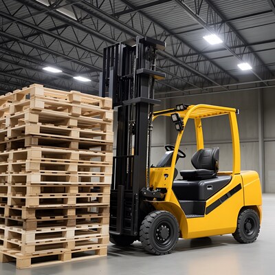 Yellow forklift beside wooden pallets
