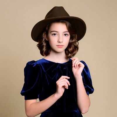 Girl in velvet dress and fedora hat