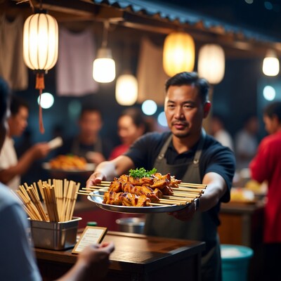 Asian chef serving satay skewers at night market