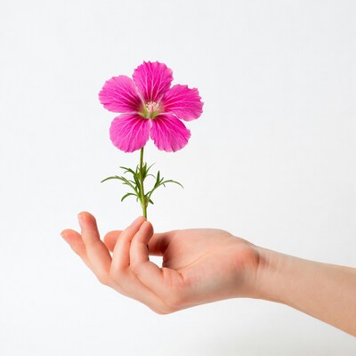 Hand holding pink mallow flower