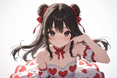 Anime girl with heart dress pointing cheek