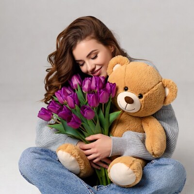 Woman hugging teddy bear with tulips