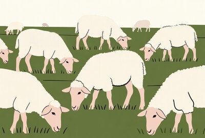 Herd of sheep grazing on grass