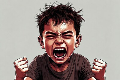 Boy screaming with clenched fists