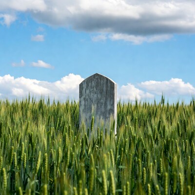 Gravestone in green wheat field