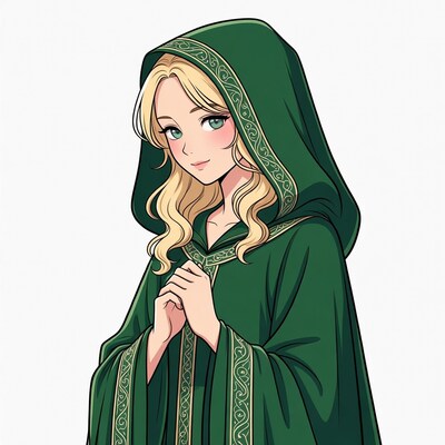 Blonde woman in green hooded robe