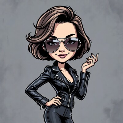 Cartoon woman in leather jacket sunglasses
