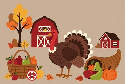 Thanksgiving Turkey with Farm and Harvest