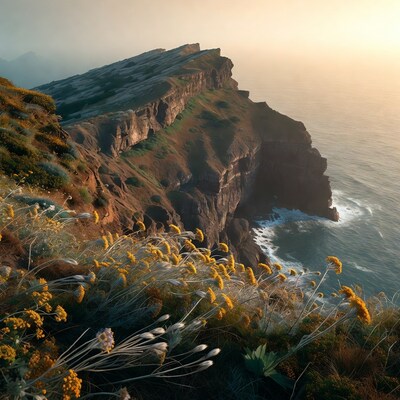 Dramatic Sea Cliff with Golden Sunset