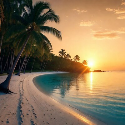Tropical Beach Sunset with Palm Trees
