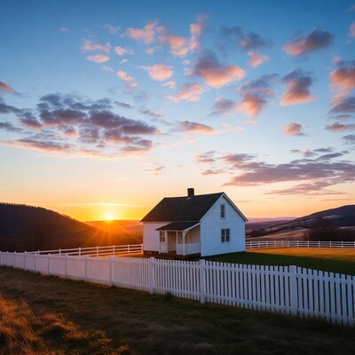 White cottage at sunset with mountains
