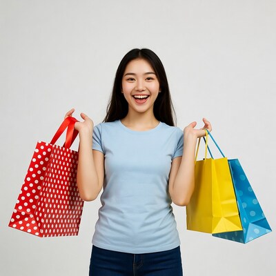 Asian woman holding shopping bags