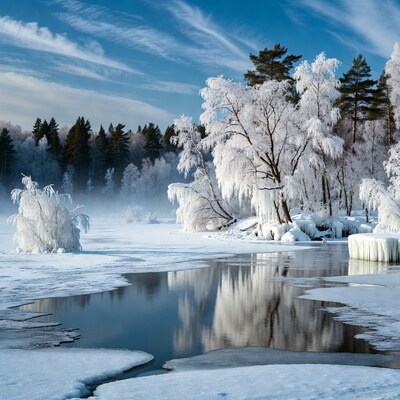 Winter Forest with Frozen River