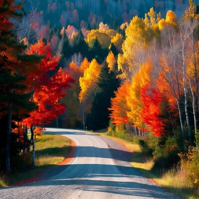 Curvy road through autumn forest