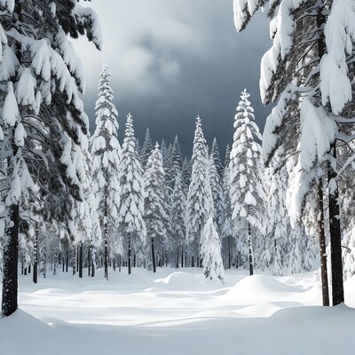 Snowy pine forest under cloudy sky