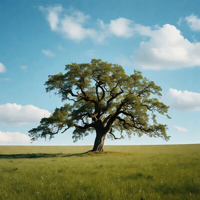Large oak tree in green field