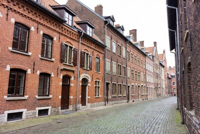 Narrow Cobblestone Street with Brick Houses