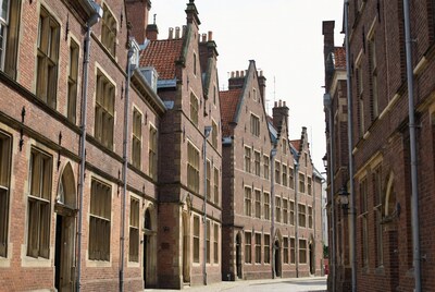 Dutch Gabled Brick Houses on Cobblestone Street