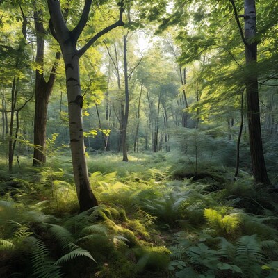 Sunlit Fern Forest with Birch Trees