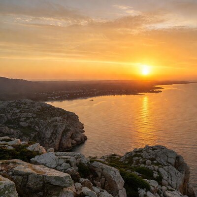 Sunset over rocky cliffs and sea