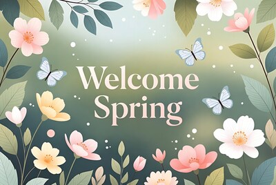 Welcome Spring Flowers Butterflies Illustration