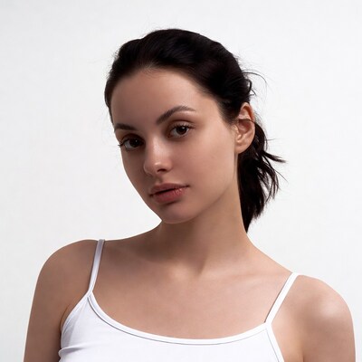 Woman in white tank top closeup